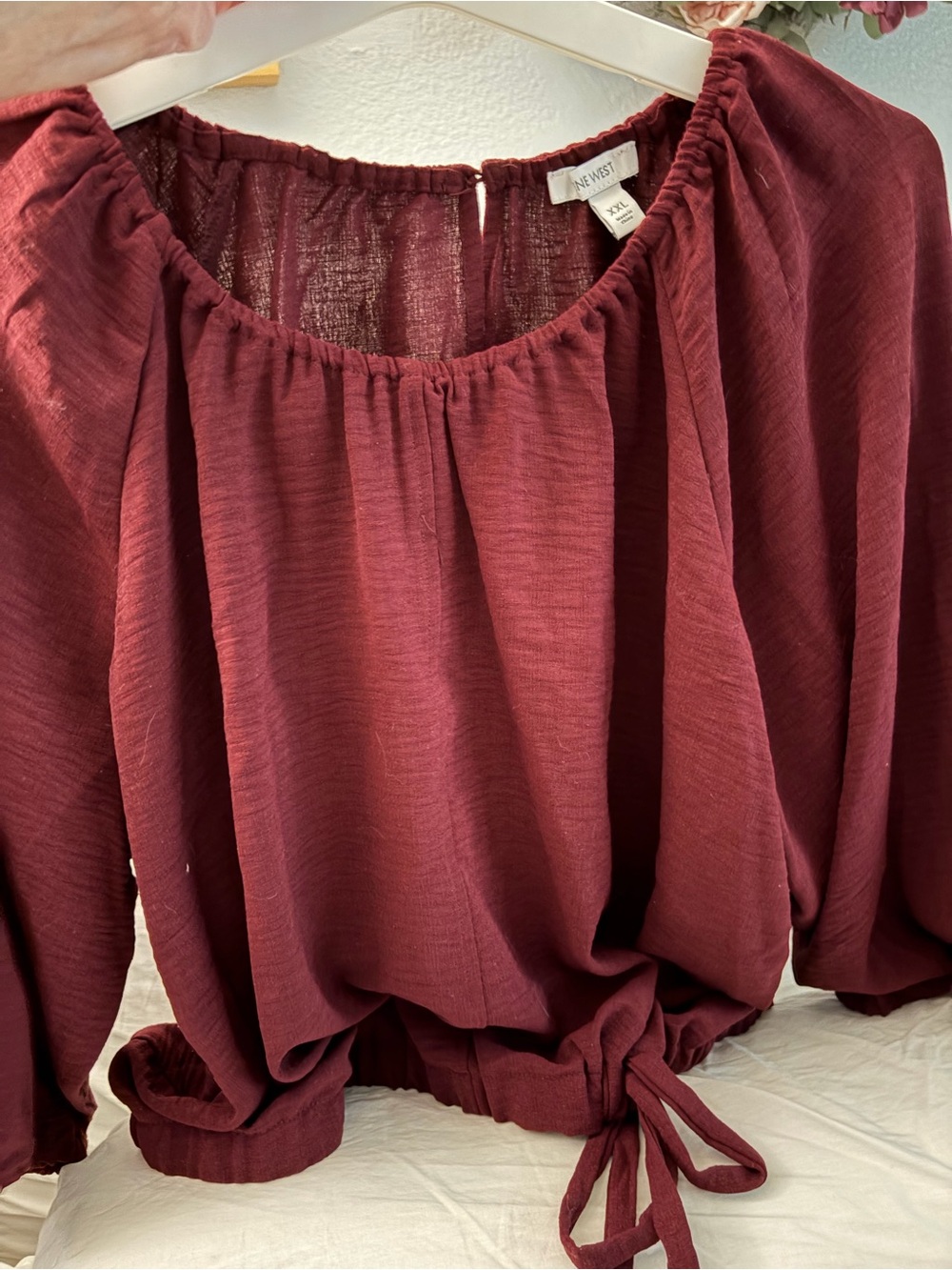Burgundy Peasant Tie-Hem Blouse - Women Tops